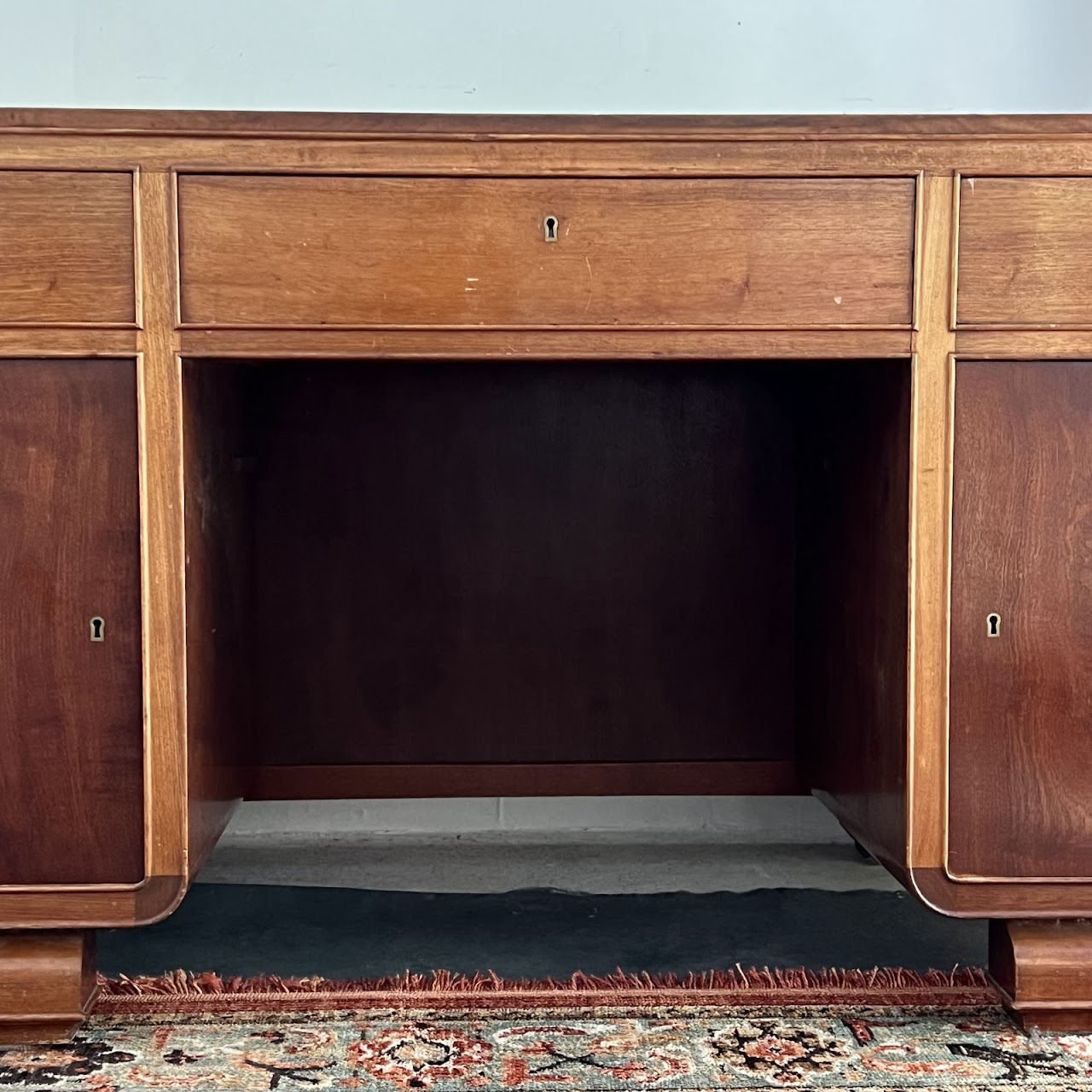 Art Deco Walnut Executive Desk with Sliding Glass Door Bookshelf Back