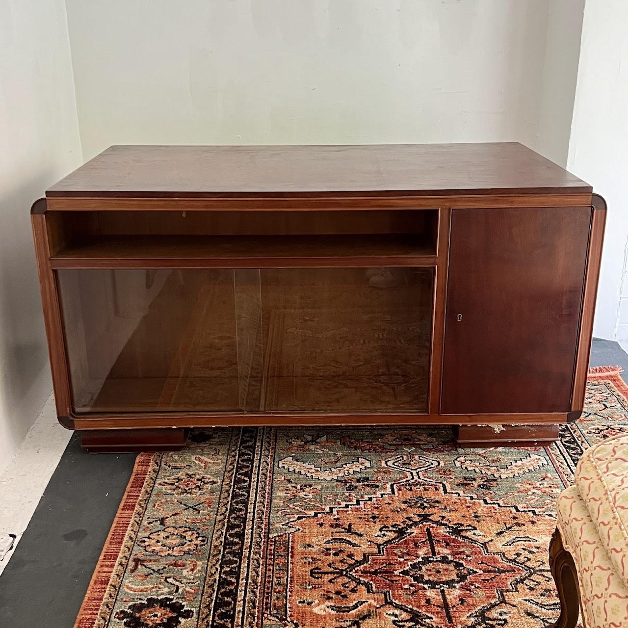 Art Deco Walnut Executive Desk with Sliding Glass Door Bookshelf Back