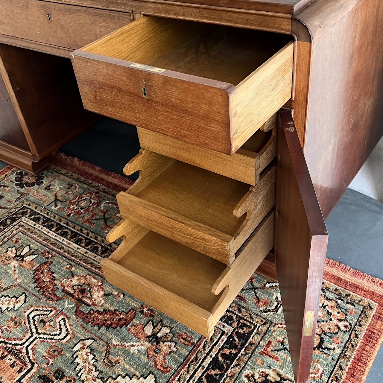 Art Deco Walnut Executive Desk with Sliding Glass Door Bookshelf Back