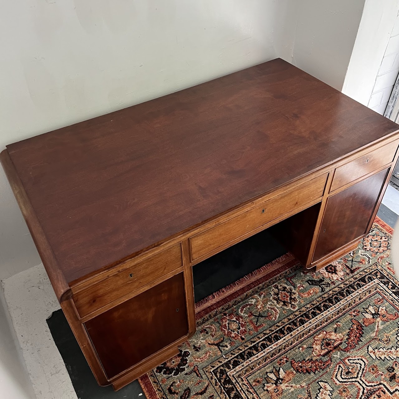 Art Deco Walnut Executive Desk with Sliding Glass Door Bookshelf Back