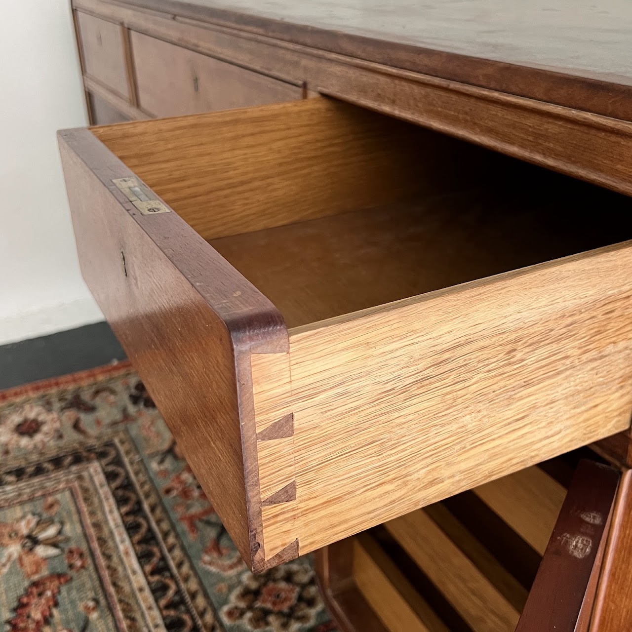 Art Deco Walnut Executive Desk with Sliding Glass Door Bookshelf Back