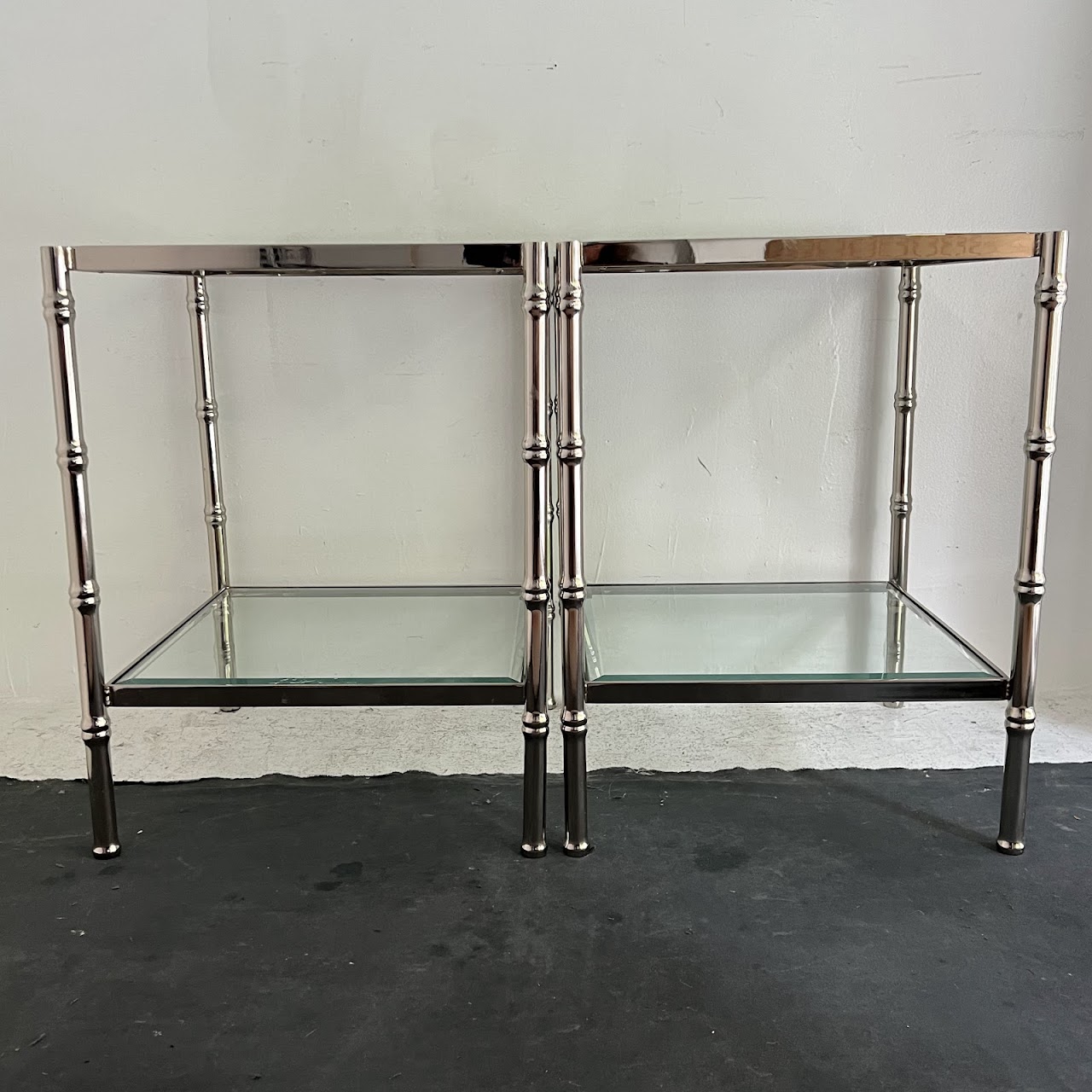 Polished Nickel Faux Bamboo End Table Pair