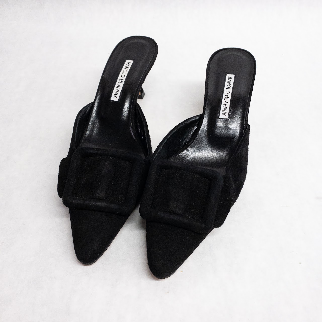 Manolo Blahnik Black Suede Buckle Mules