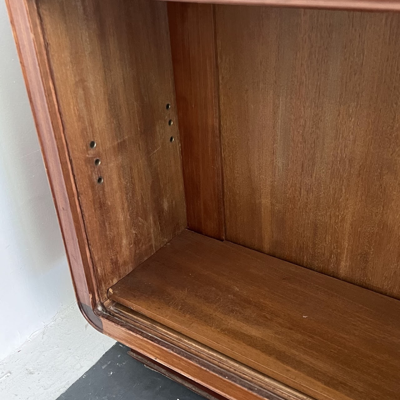 Art Deco Walnut Executive Desk with Sliding Glass Door Bookshelf Back