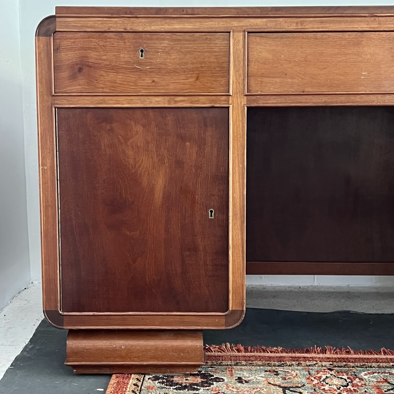 Art Deco Walnut Executive Desk with Sliding Glass Door Bookshelf Back