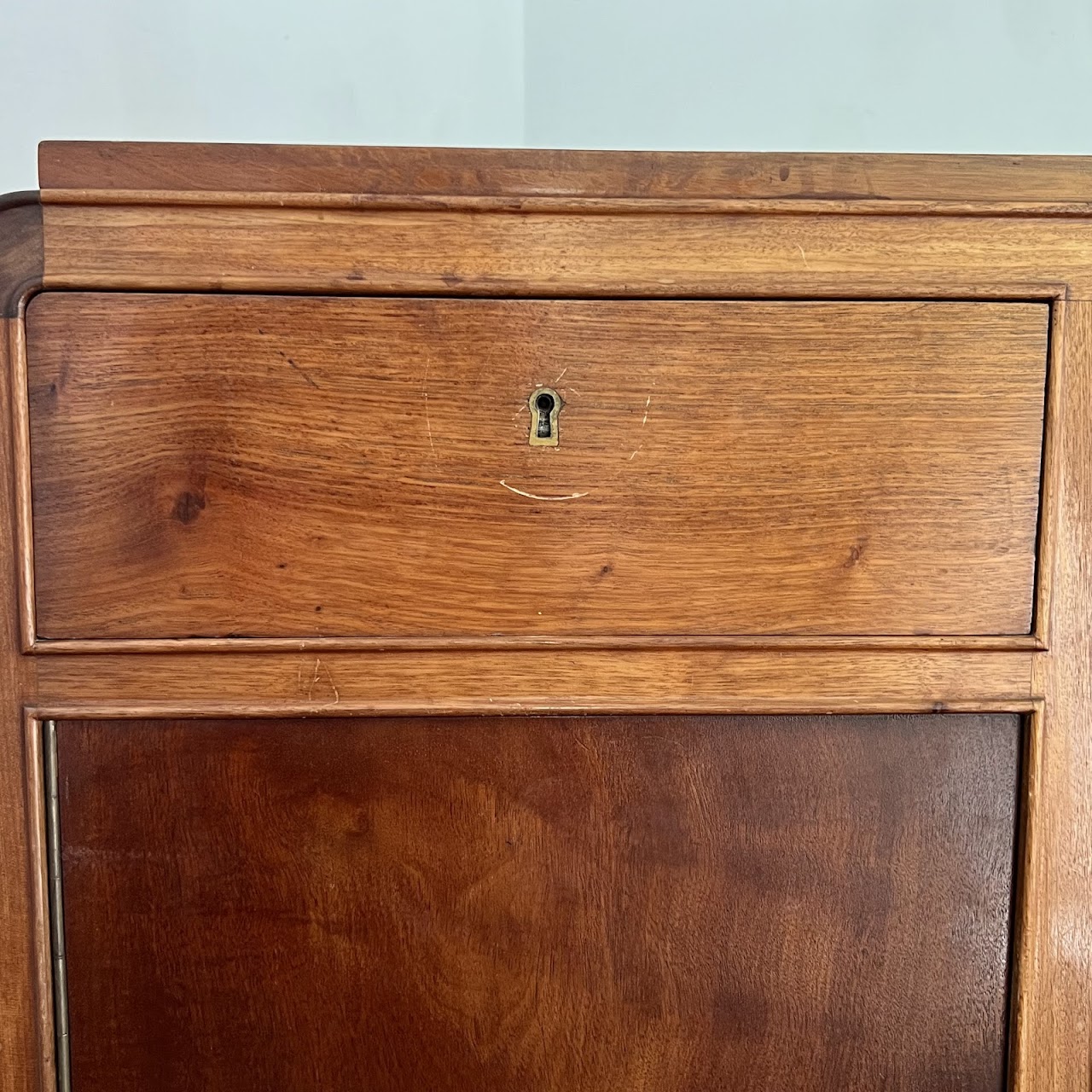 Art Deco Walnut Executive Desk with Sliding Glass Door Bookshelf Back