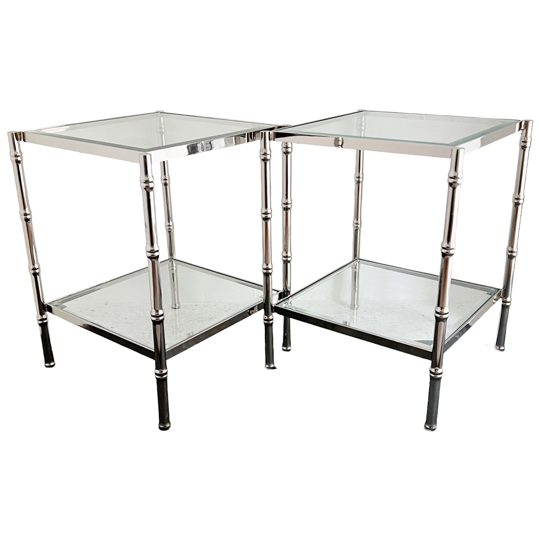 Polished Nickel Faux Bamboo End Table Pair