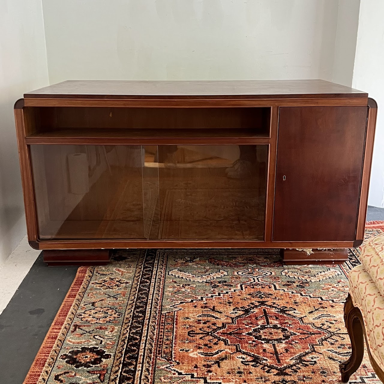 Art Deco Walnut Executive Desk with Sliding Glass Door Bookshelf Back