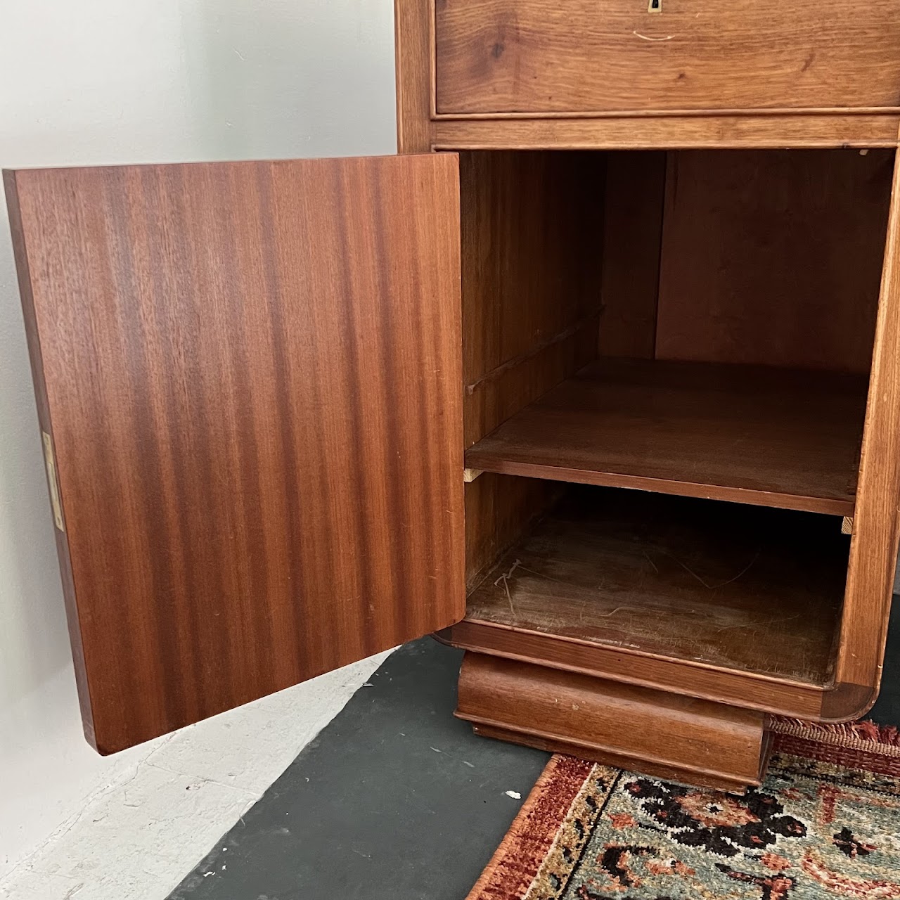 Art Deco Walnut Executive Desk with Sliding Glass Door Bookshelf Back