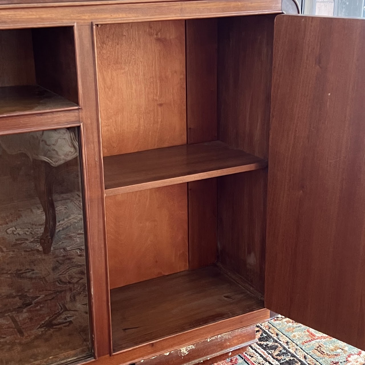 Art Deco Walnut Executive Desk with Sliding Glass Door Bookshelf Back