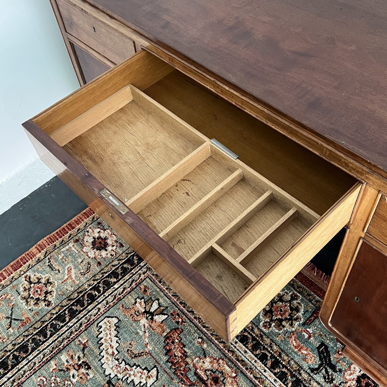 Art Deco Walnut Executive Desk with Sliding Glass Door Bookshelf Back