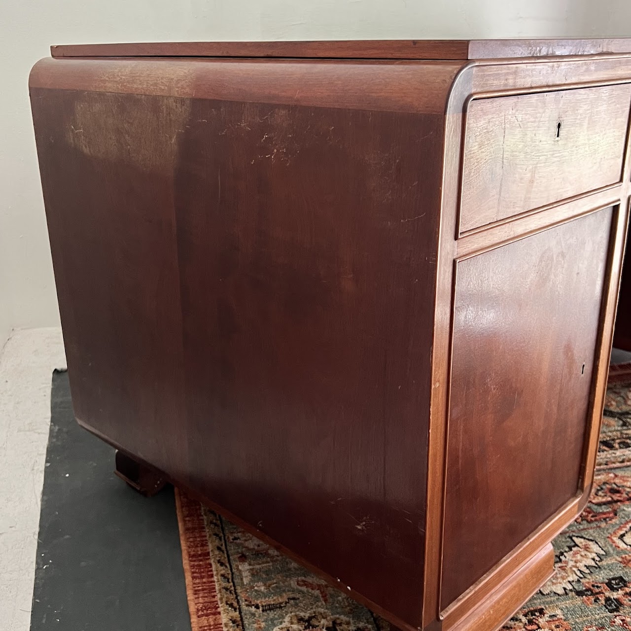 Art Deco Walnut Executive Desk with Sliding Glass Door Bookshelf Back