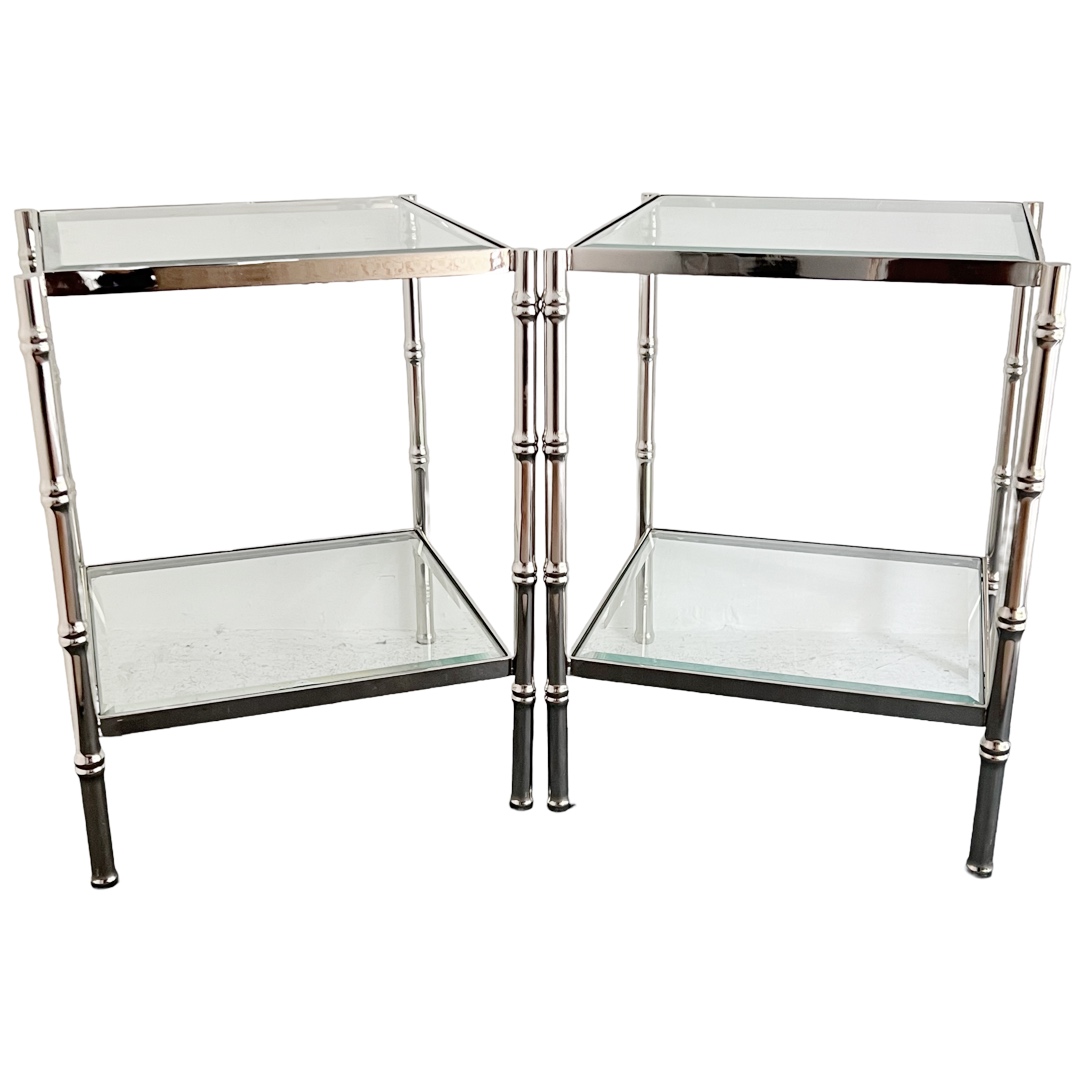 Polished Nickel Faux Bamboo End Table Pair