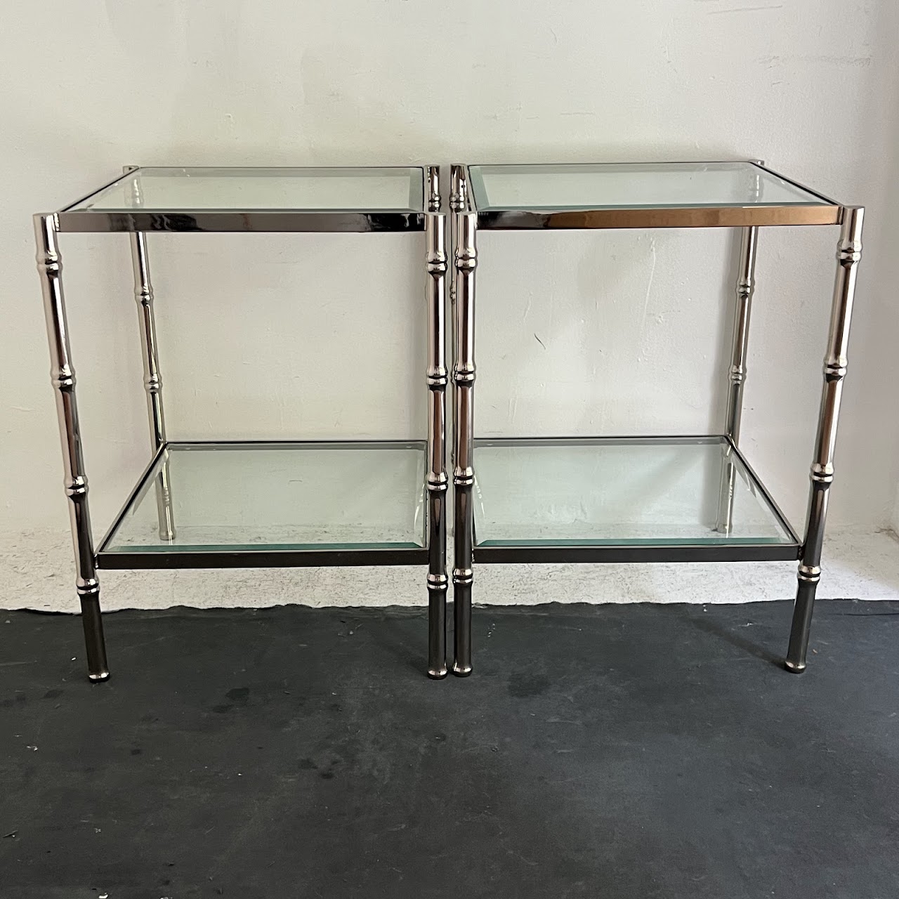 Polished Nickel Faux Bamboo End Table Pair