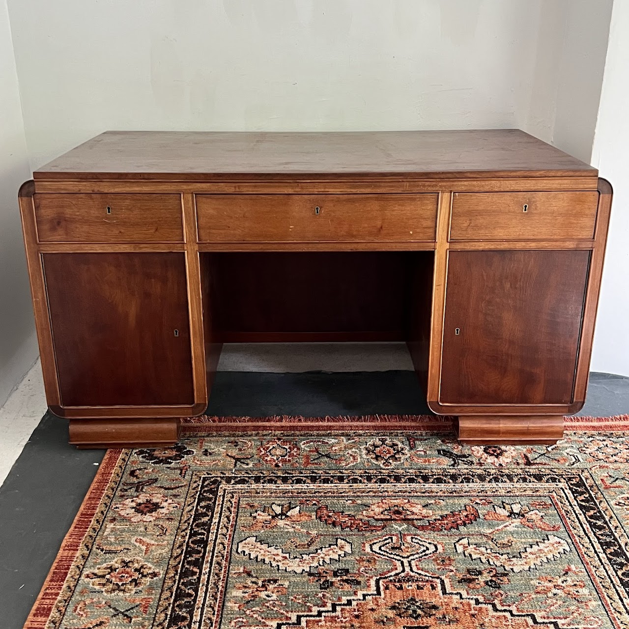 Art Deco Walnut Executive Desk with Sliding Glass Door Bookshelf Back