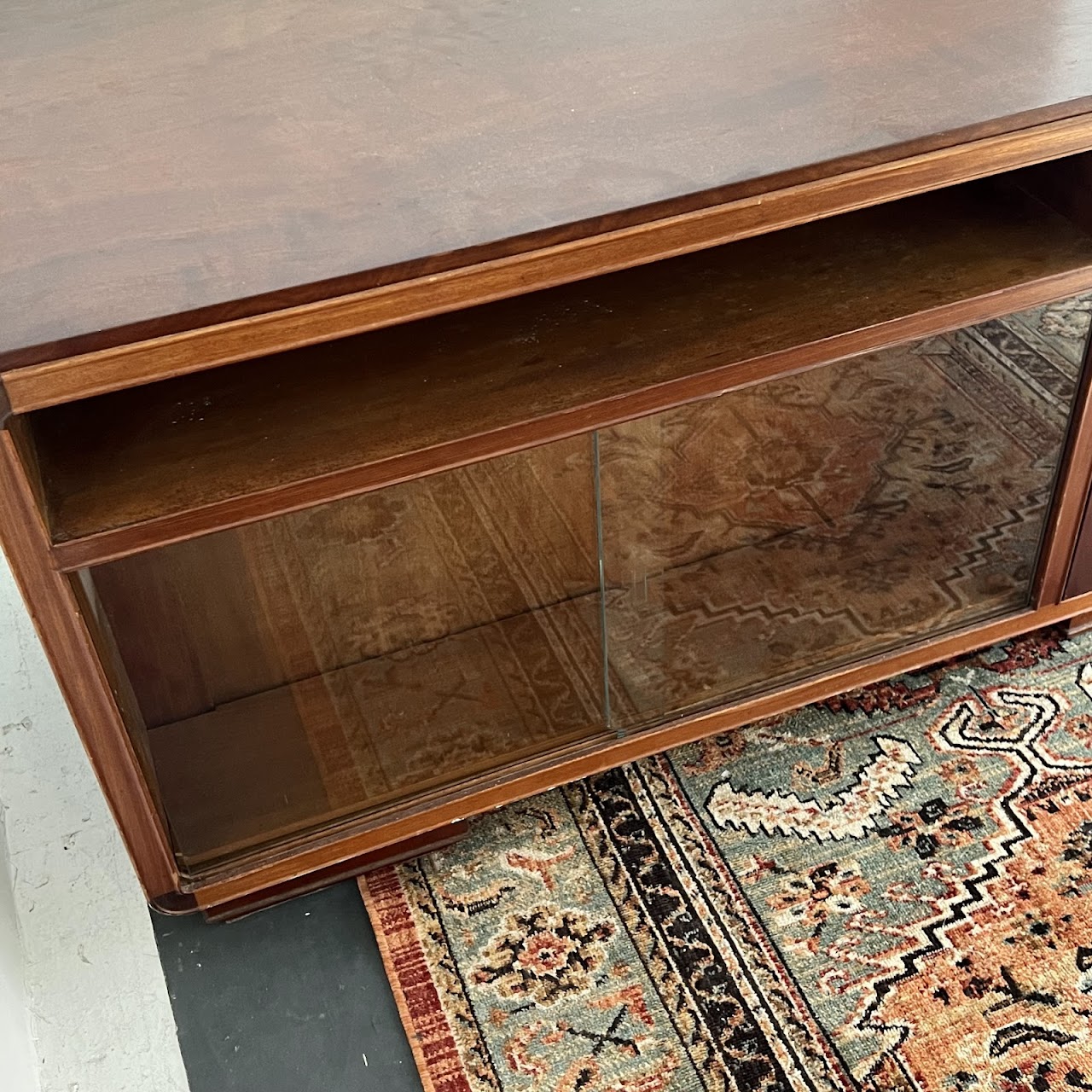 Art Deco Walnut Executive Desk with Sliding Glass Door Bookshelf Back