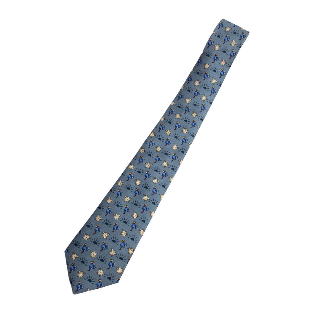 Hermès Silk Twill Rooster and Alarm Clock Pattern Tie