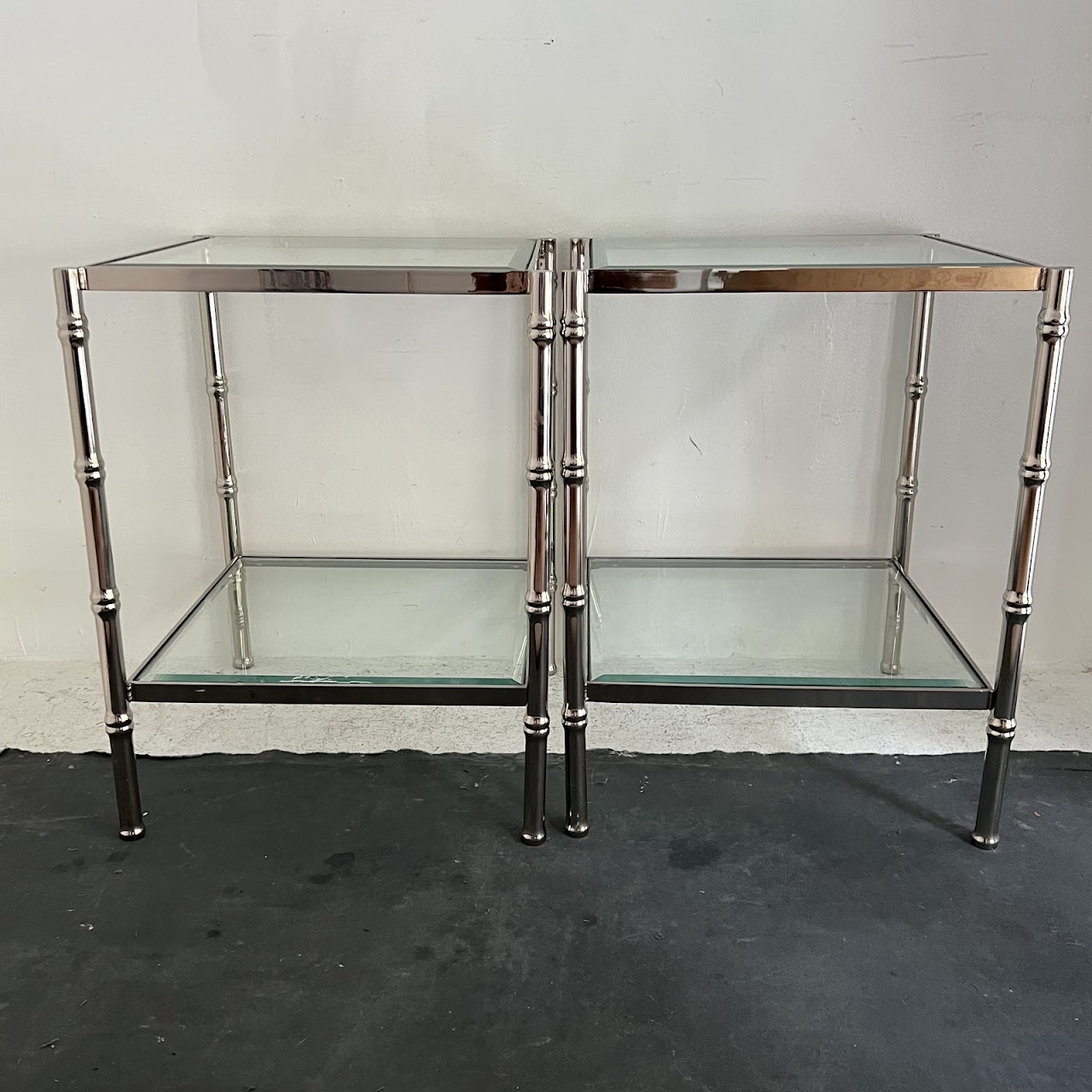 Polished Nickel Faux Bamboo End Table Pair