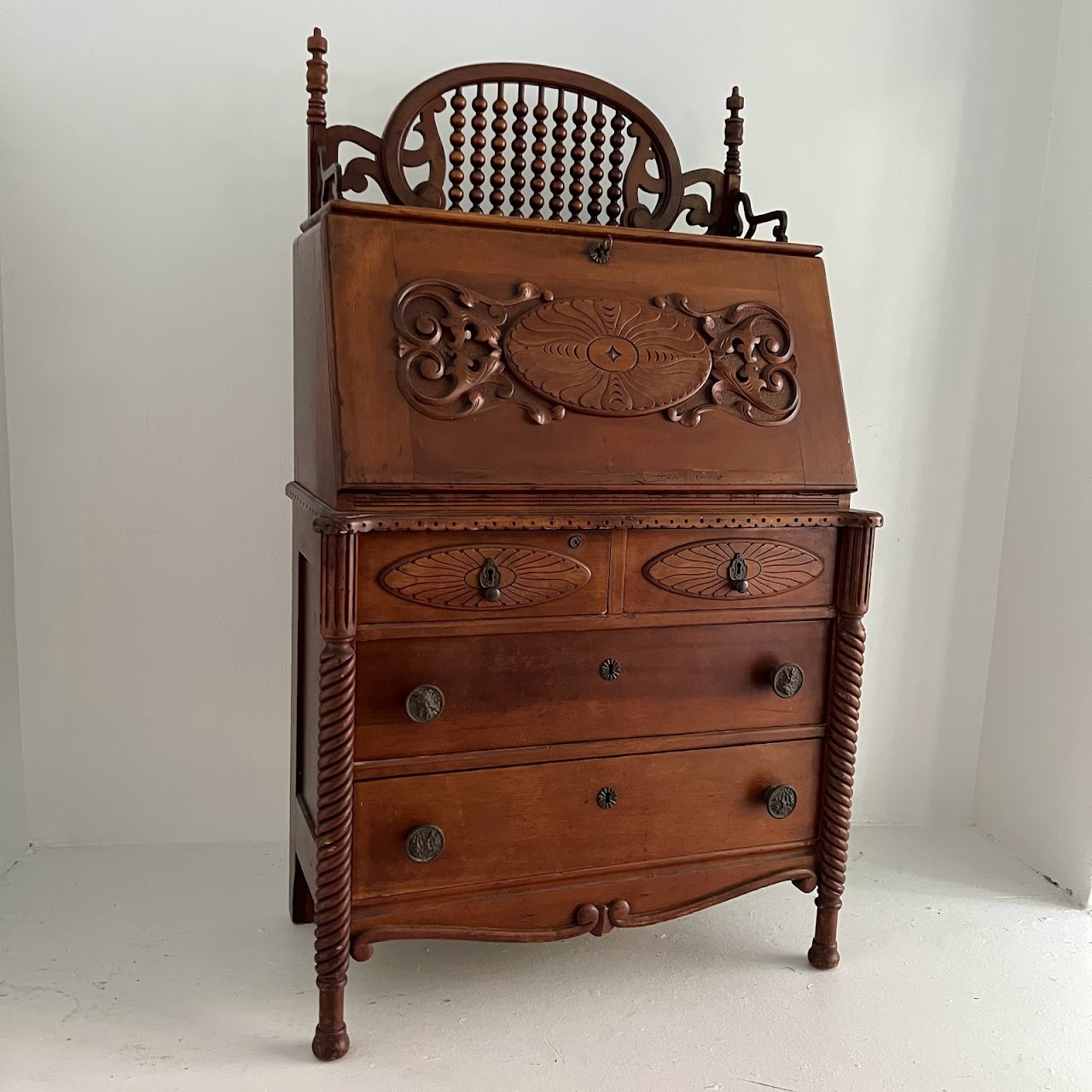 Victorian Carved Cherry Slant-Front Writing Desk