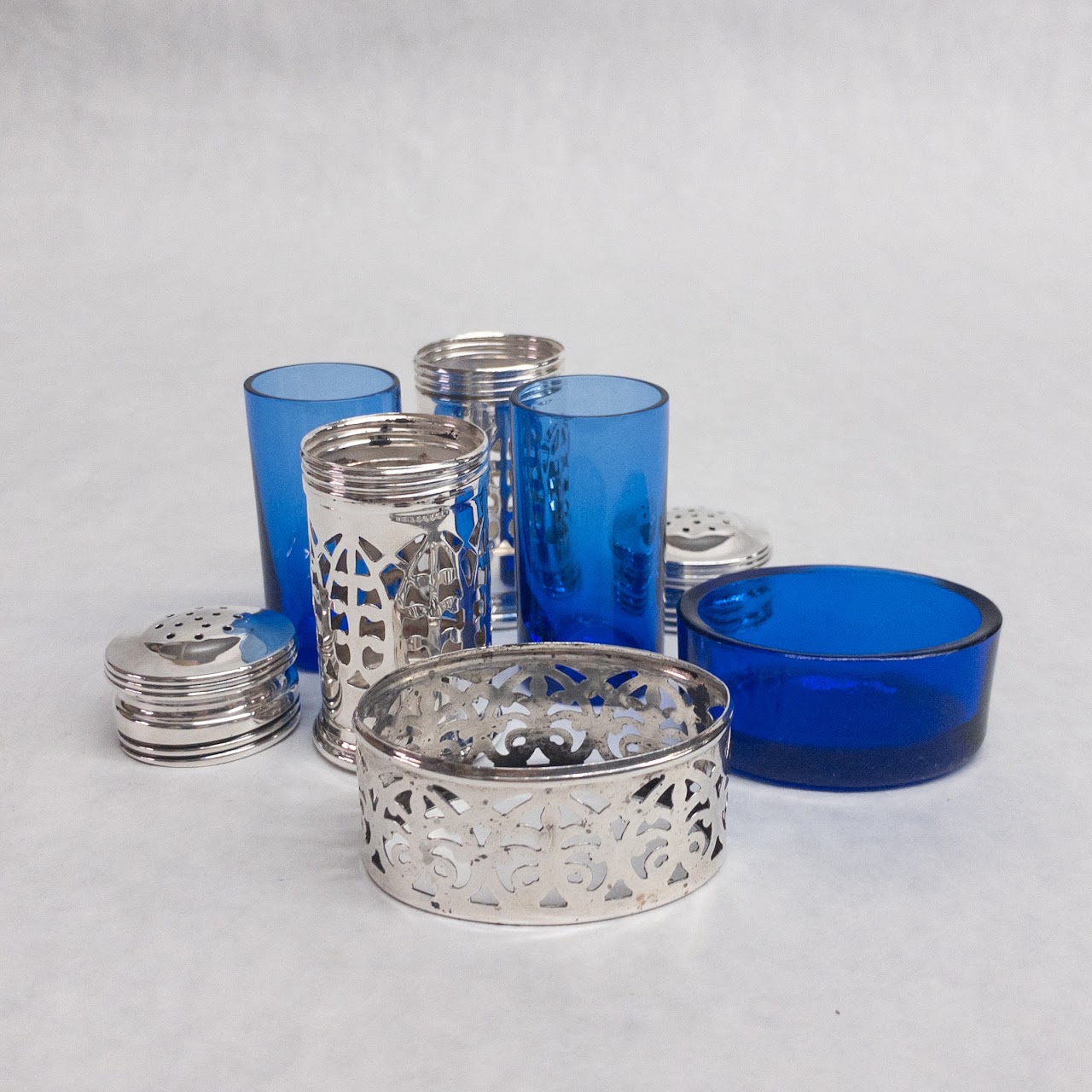 Sterling Silver & Cobalt Glass Salt Cellar & Shaker Trio