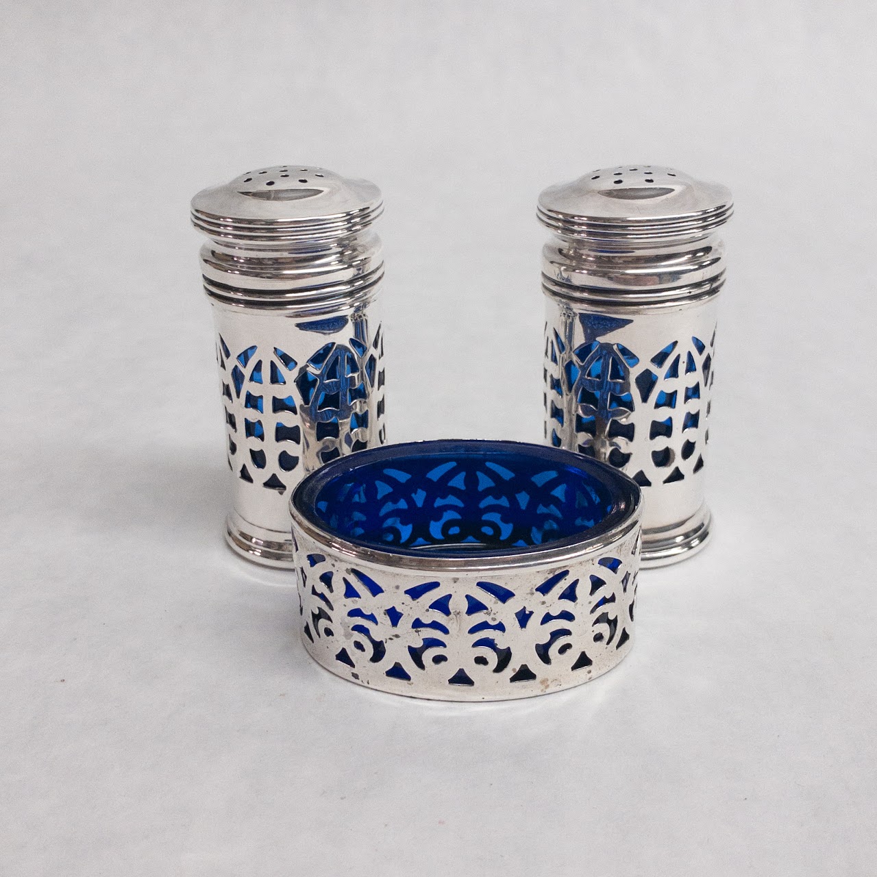 Sterling Silver & Cobalt Glass Salt Cellar & Shaker Trio