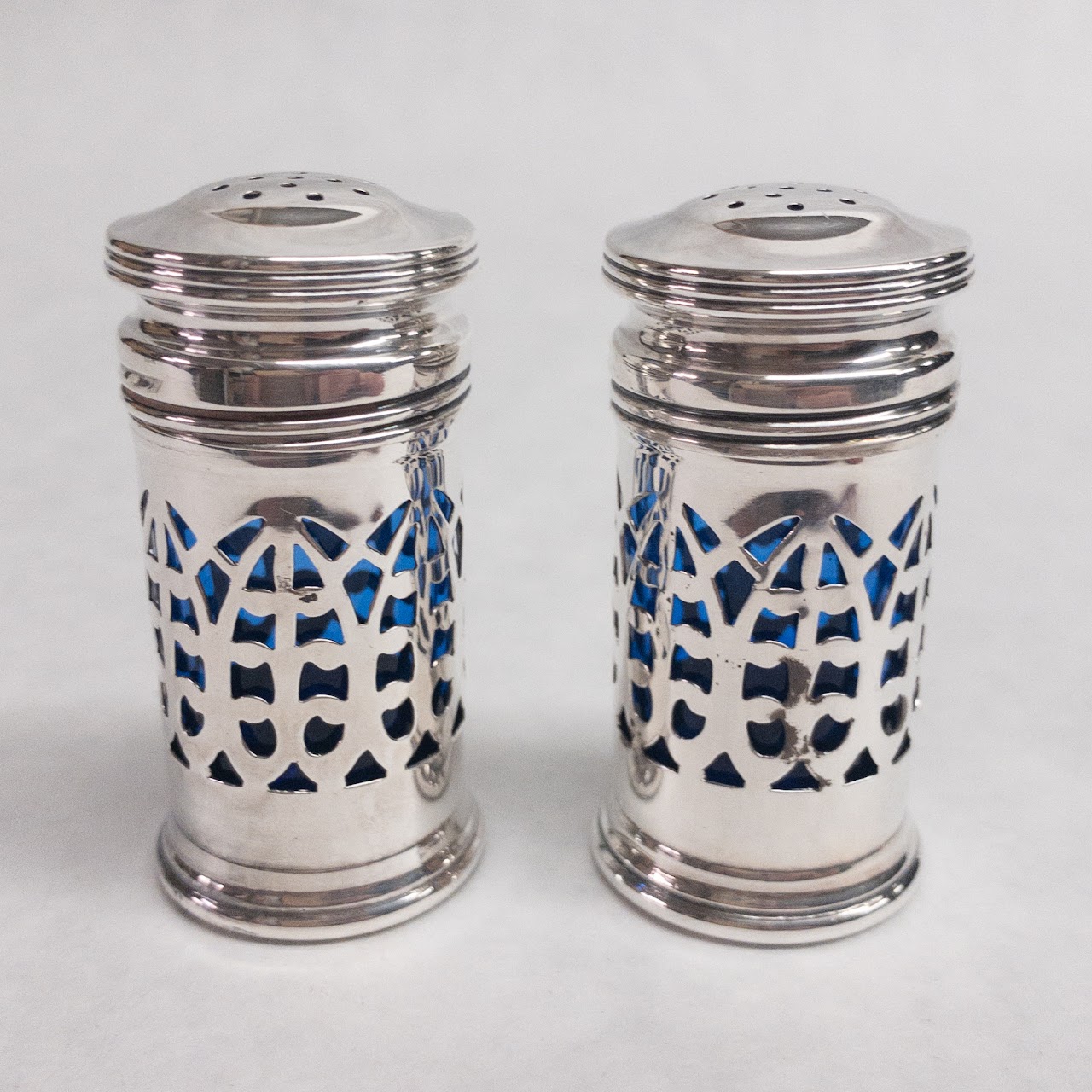 Sterling Silver & Cobalt Glass Salt Cellar & Shaker Trio