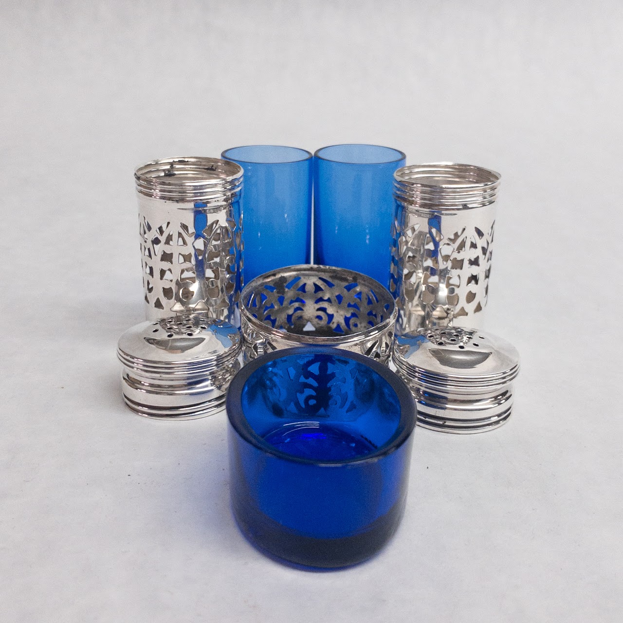 Sterling Silver & Cobalt Glass Salt Cellar & Shaker Trio