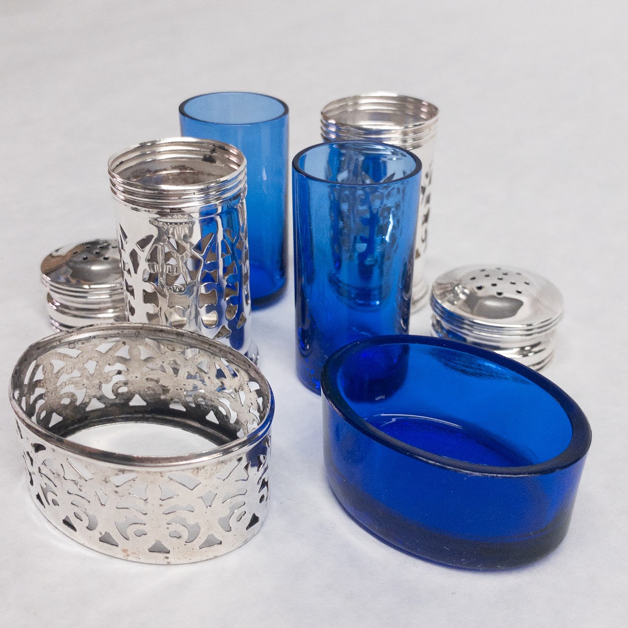 Sterling Silver & Cobalt Glass Salt Cellar & Shaker Trio