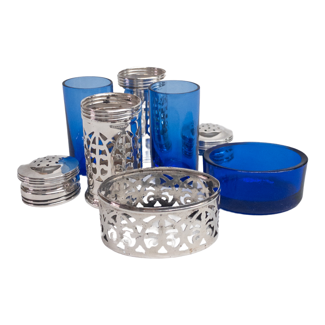 Sterling Silver & Cobalt Glass Salt Cellar & Shaker Trio