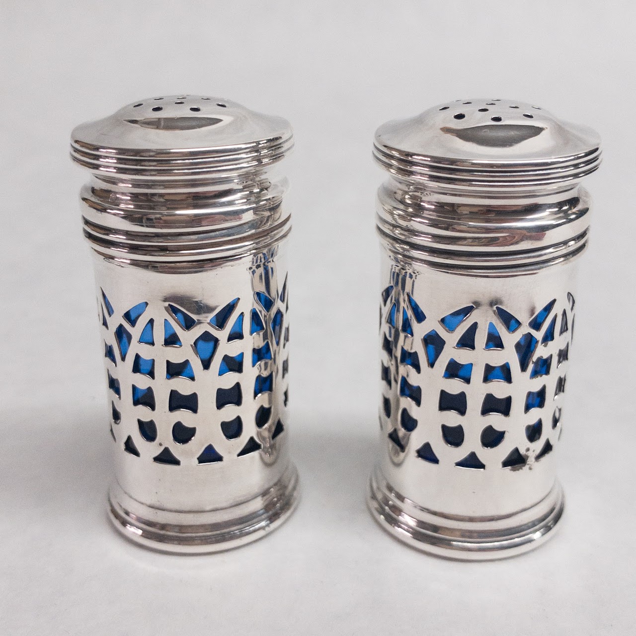 Sterling Silver & Cobalt Glass Salt Cellar & Shaker Trio