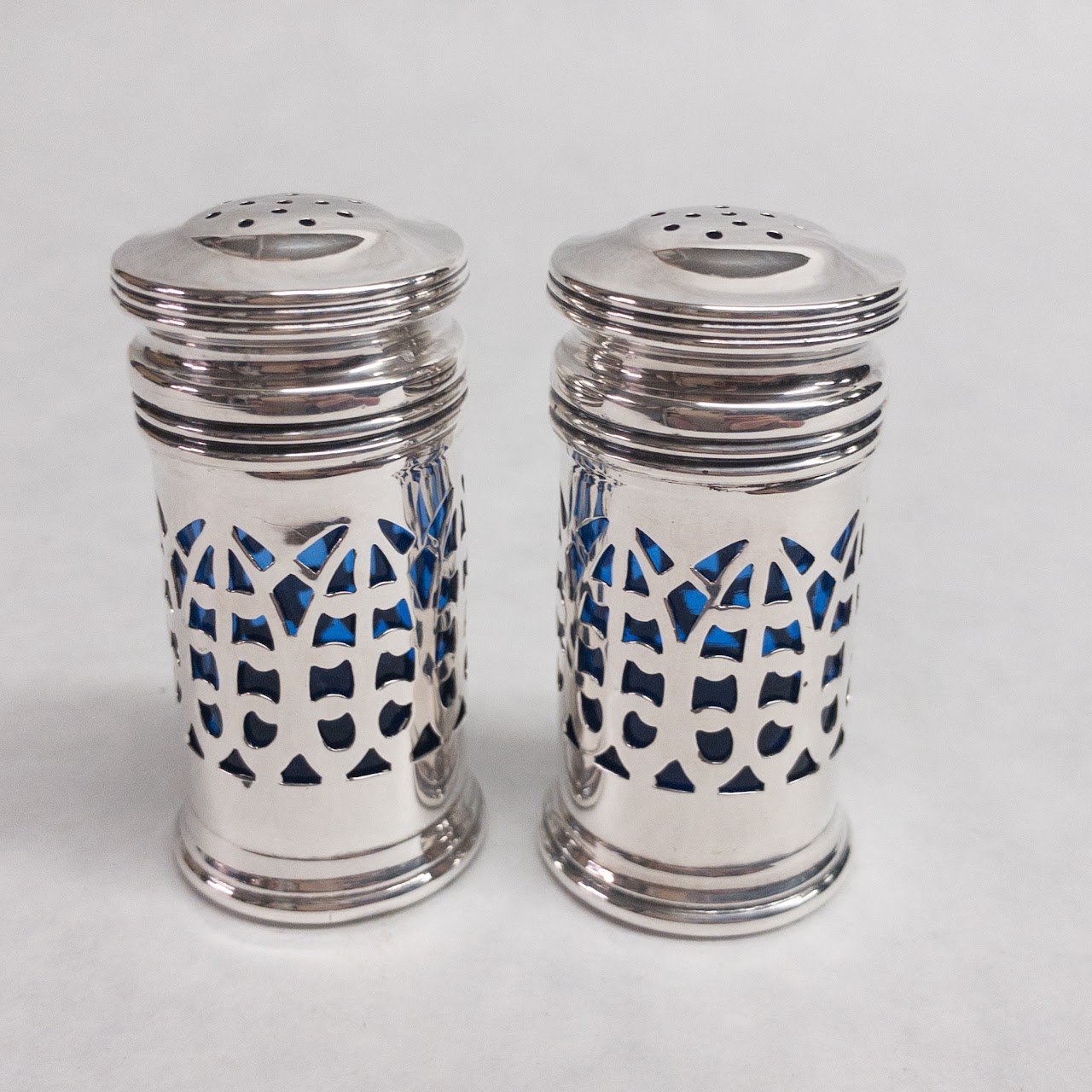 Sterling Silver & Cobalt Glass Salt Cellar & Shaker Trio