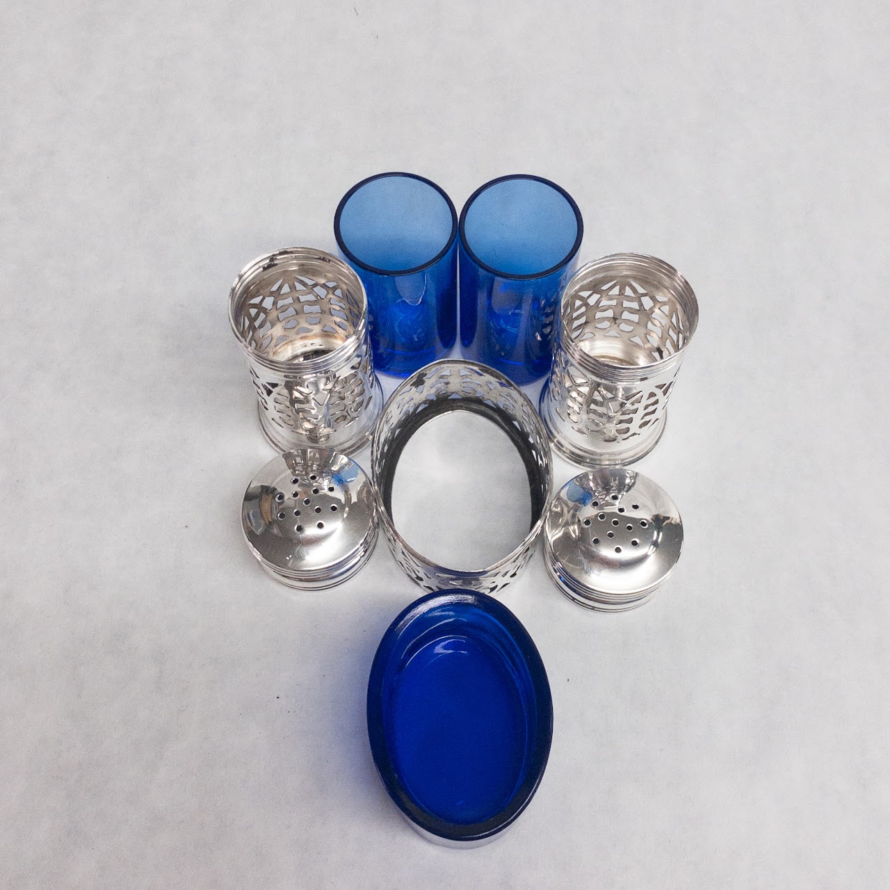 Sterling Silver & Cobalt Glass Salt Cellar & Shaker Trio