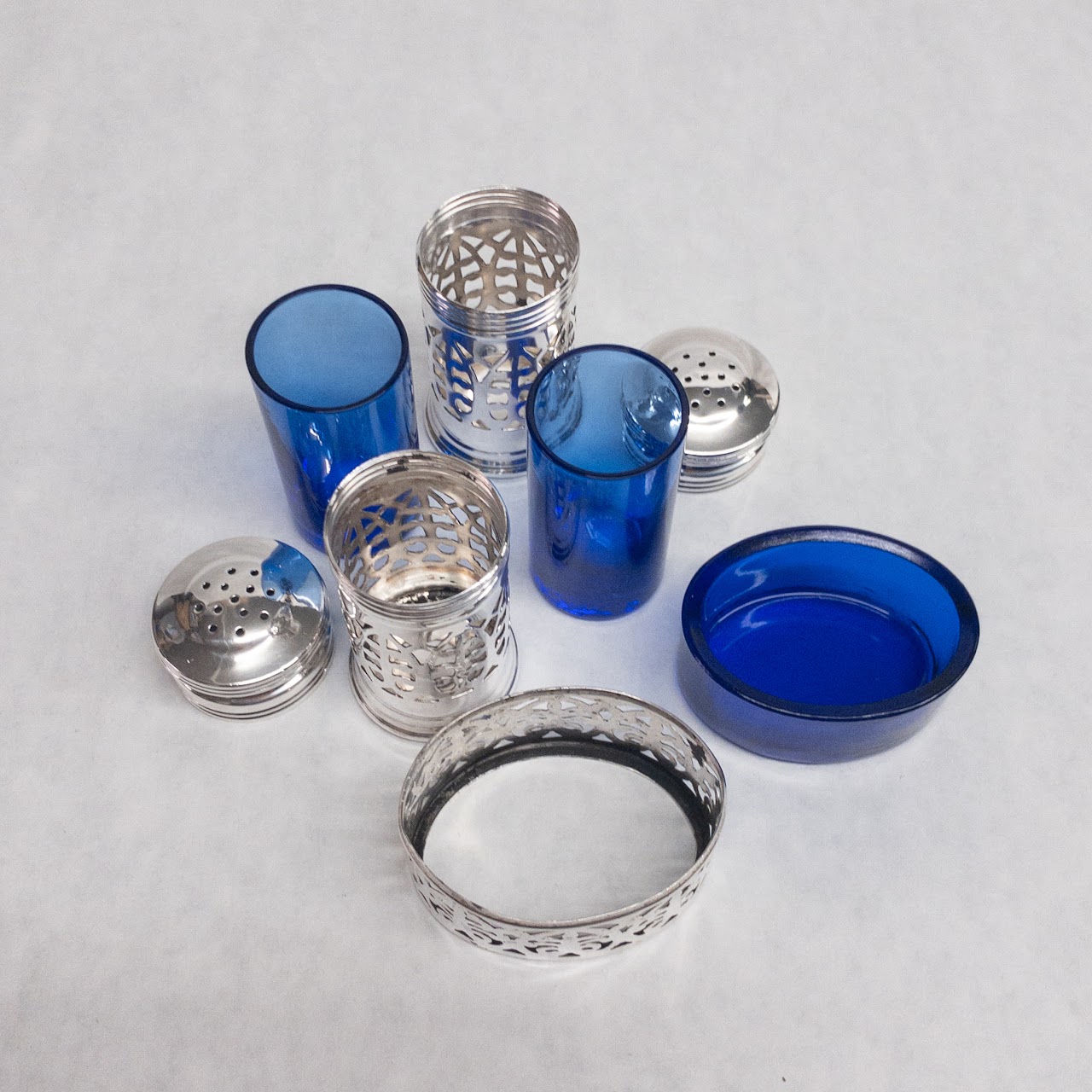 Sterling Silver & Cobalt Glass Salt Cellar & Shaker Trio