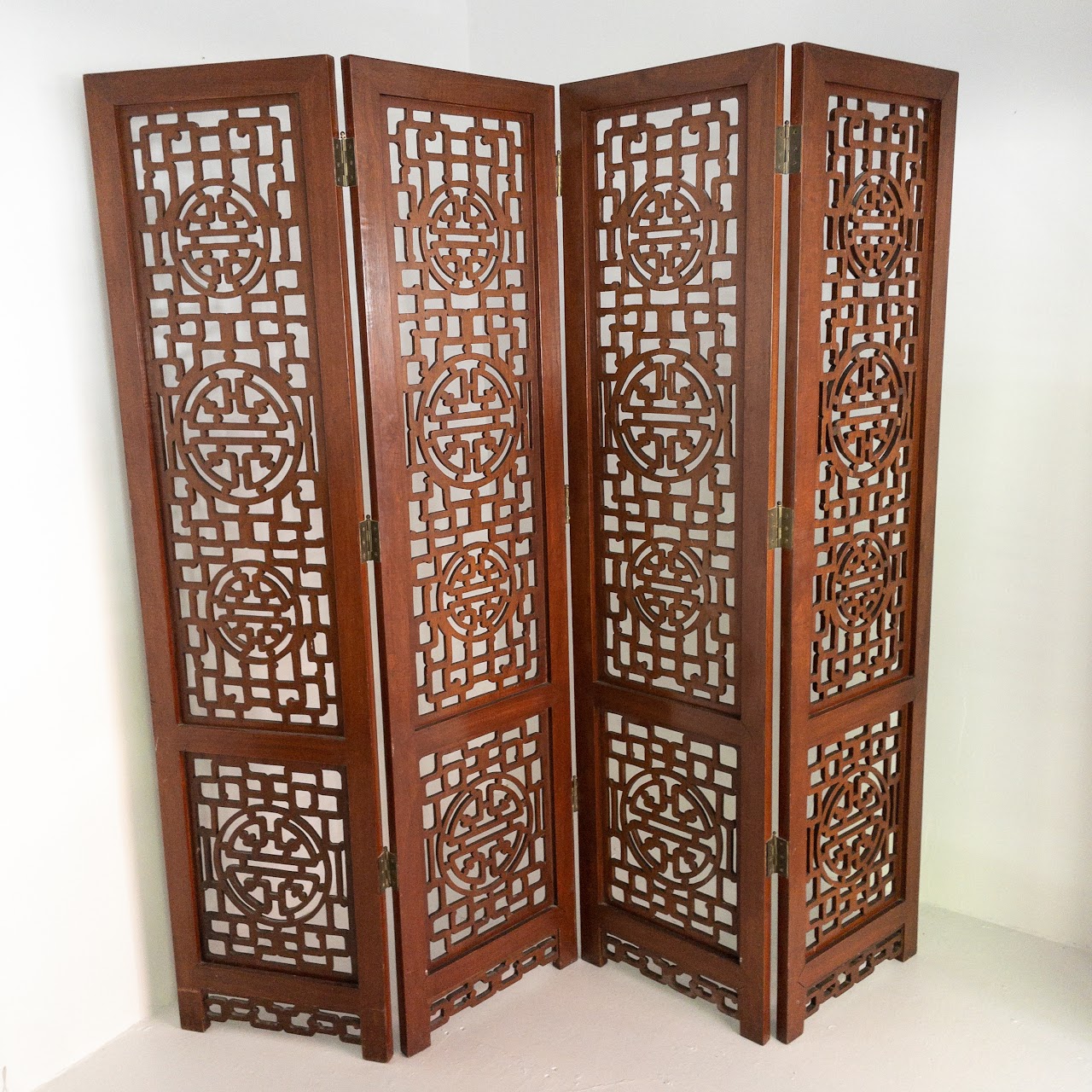 Carved Rosewood Four-Panel Floor Screen