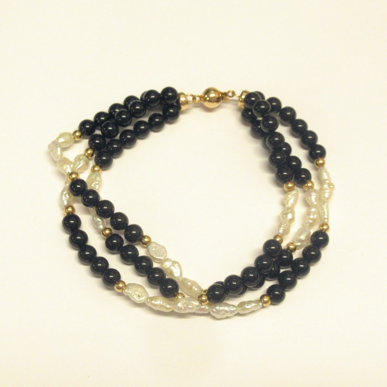 14K Gold Bead, Onyx & Pearl Bracelet