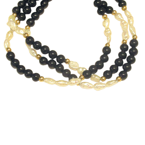 14K Gold Bead, Onyx & Pearl Bracelet