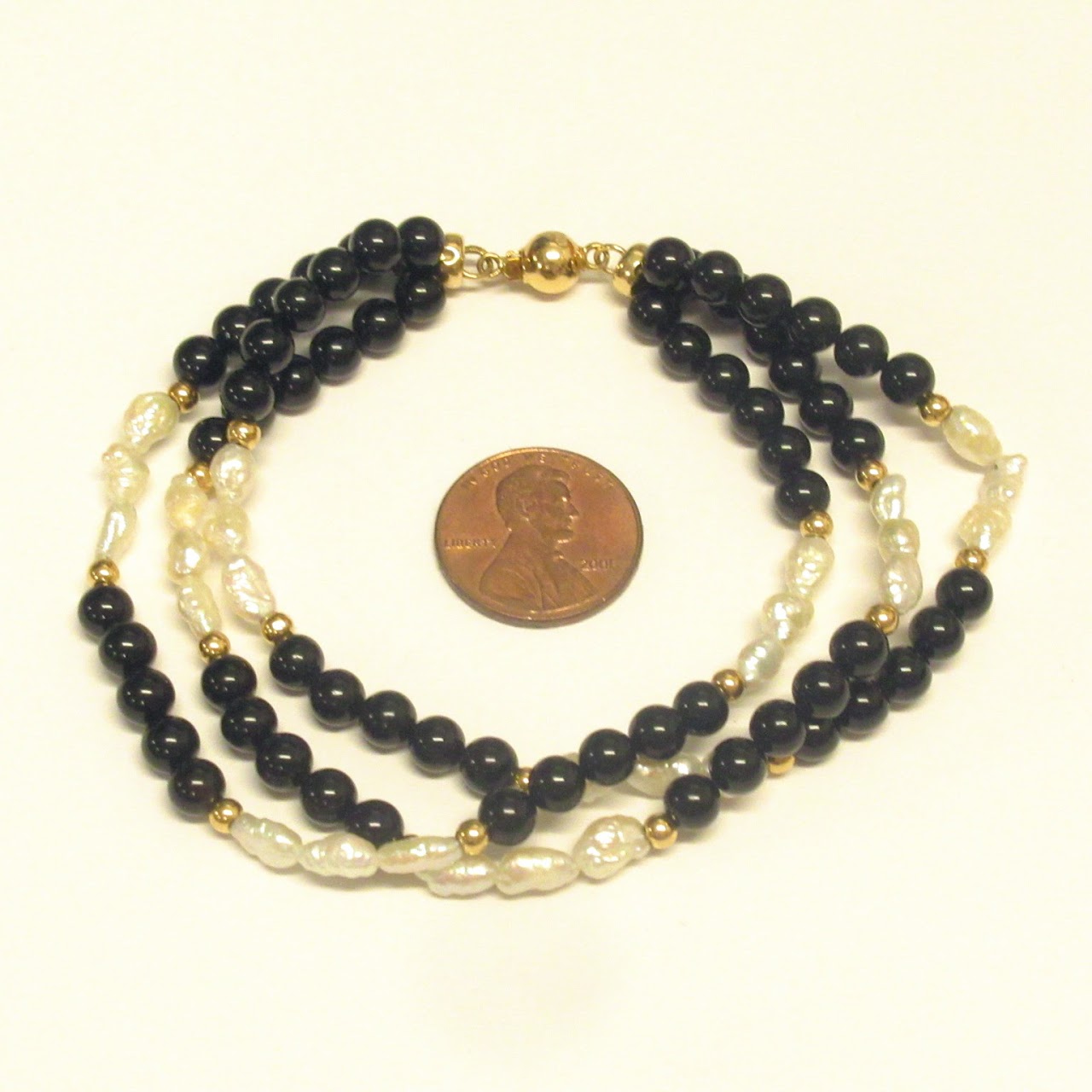 14K Gold Bead, Onyx & Pearl Bracelet