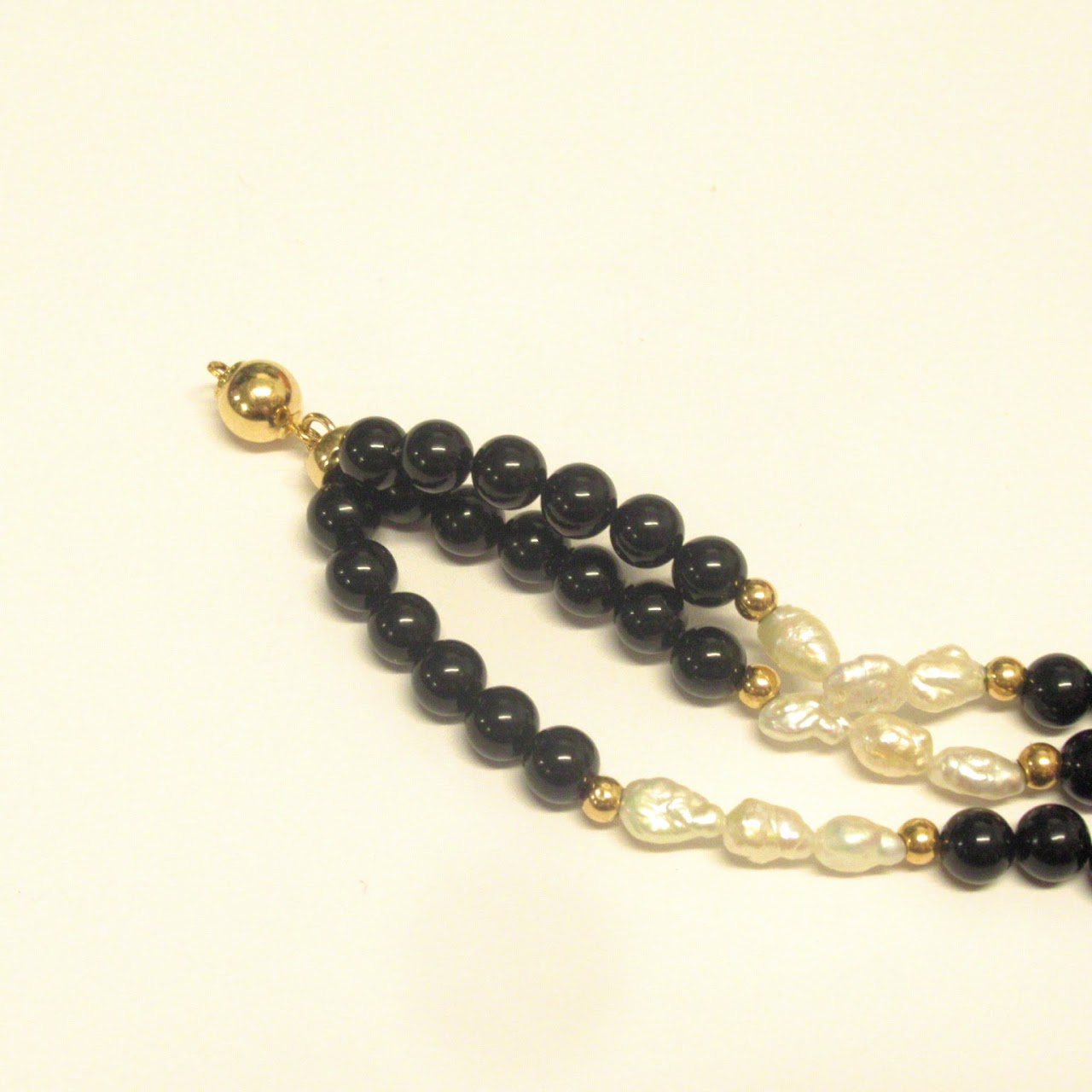 14K Gold Bead, Onyx & Pearl Bracelet