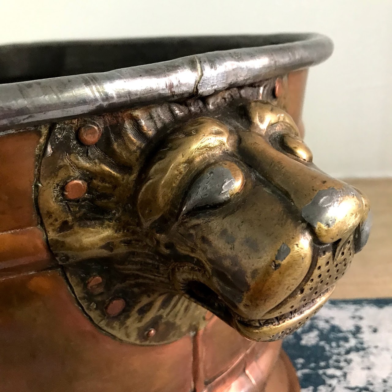 Copper & Brass Lion's Head Oval Jardiniere