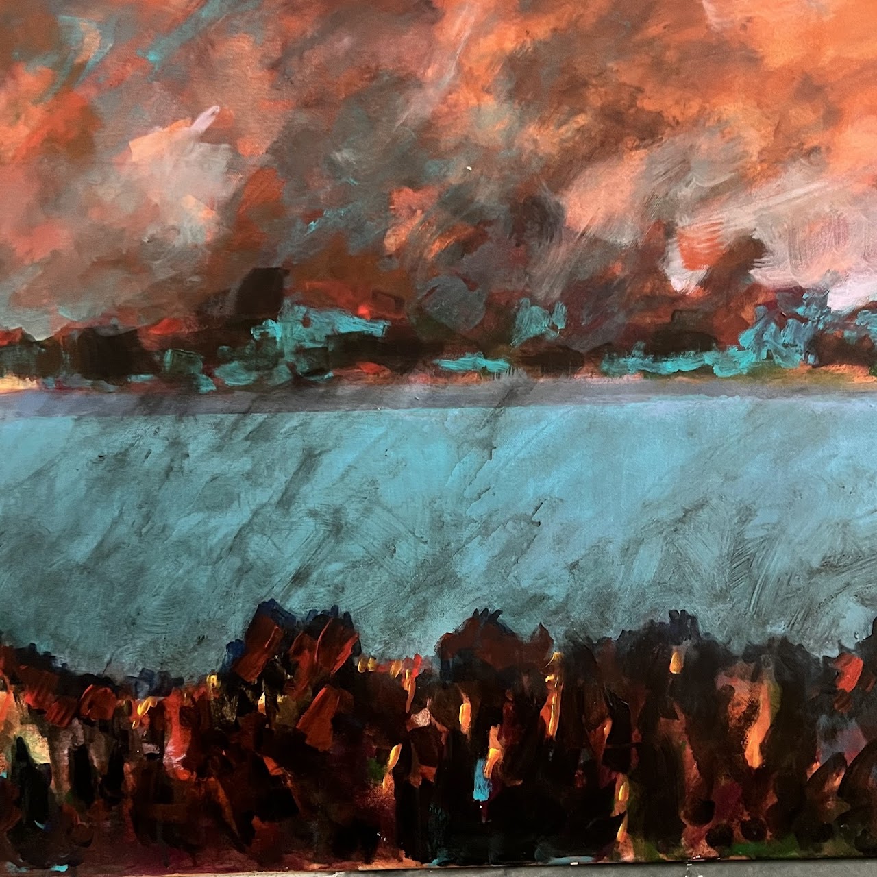 Catherine Abrams 'Tahoe Lake Fire' Signed Oil Painting