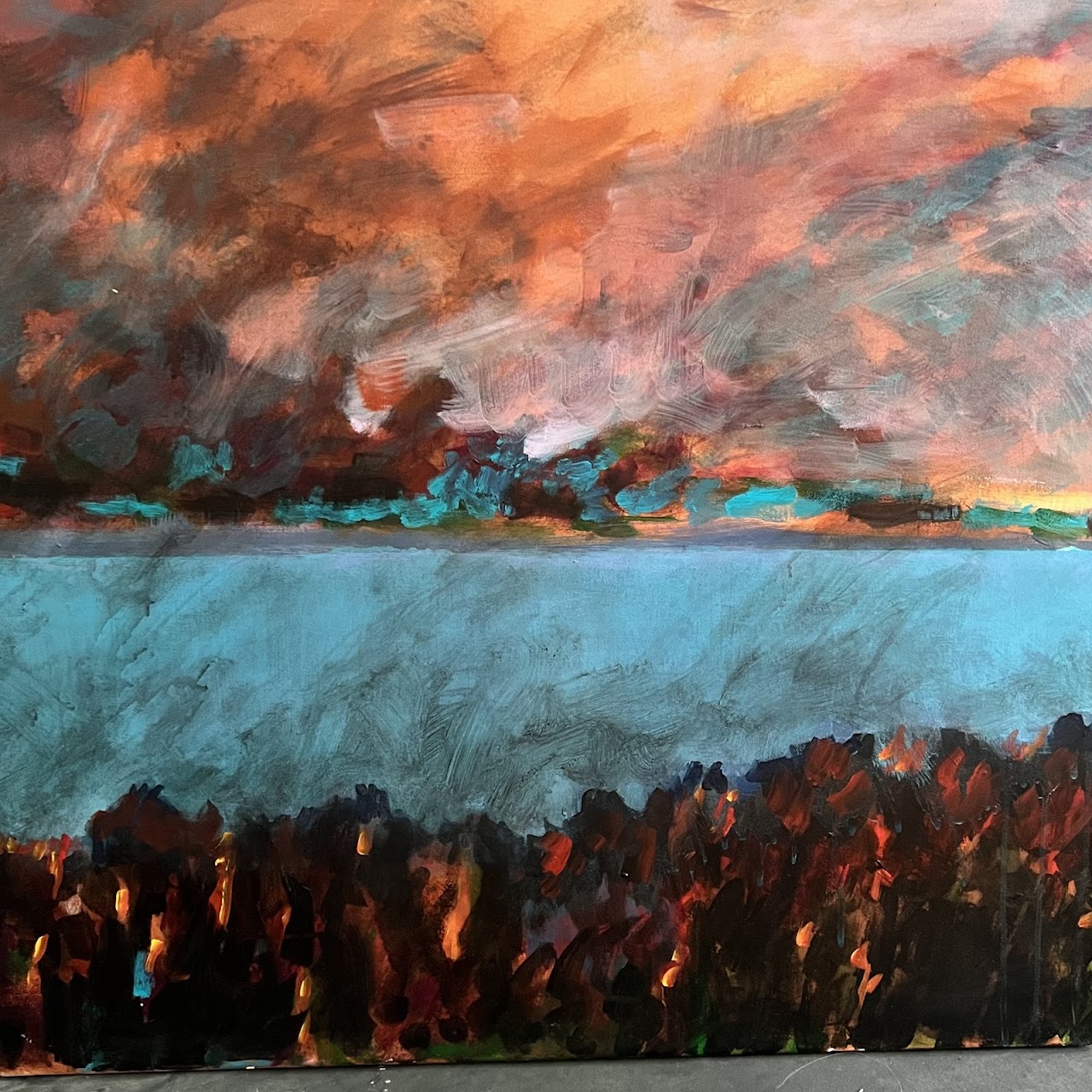 Catherine Abrams 'Tahoe Lake Fire' Signed Oil Painting