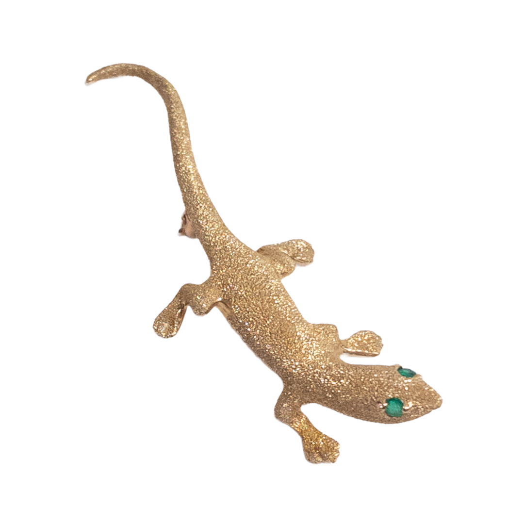 14K Gold and Green Stone Lizard Brooch