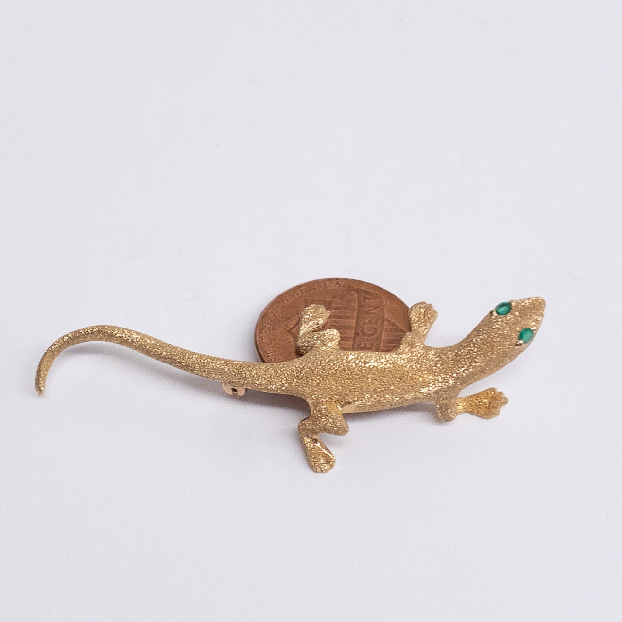 14K Gold and Green Stone Lizard Brooch