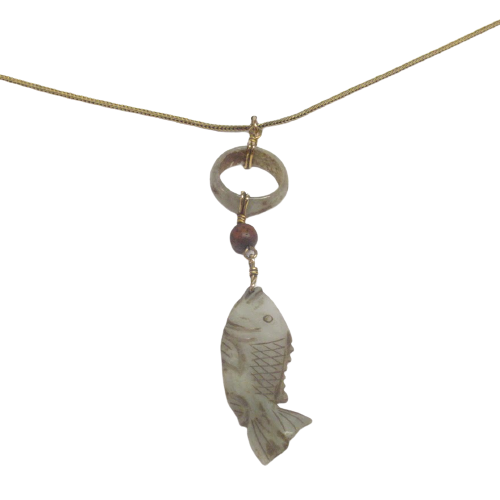 14K Gold and Stone Fish Pendant Necklace