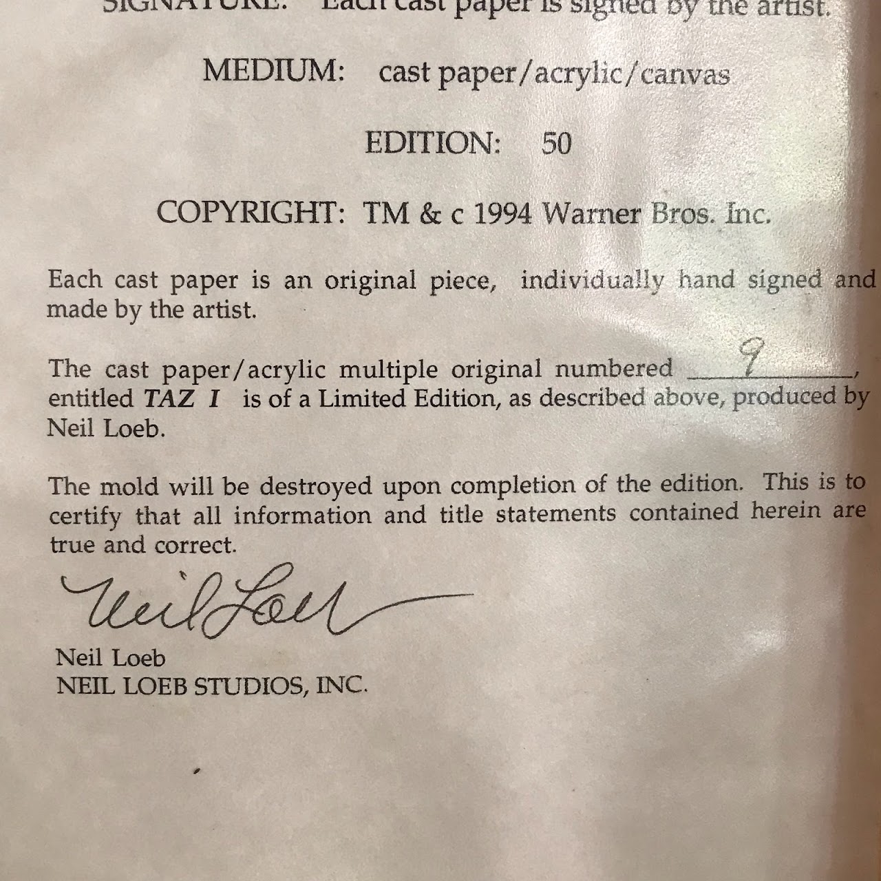 Neil Loeb Signed 'Taz I' Mixed Media