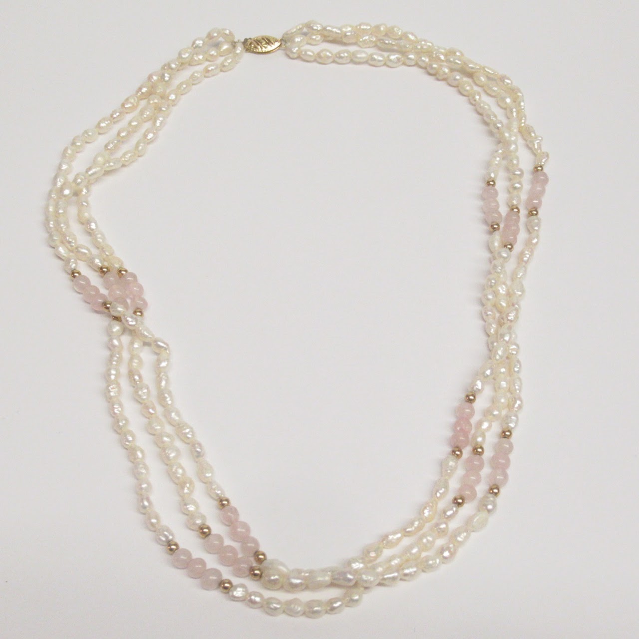 Pearl, 14K Gold, Rose Quartz Multi-Strand Necklace