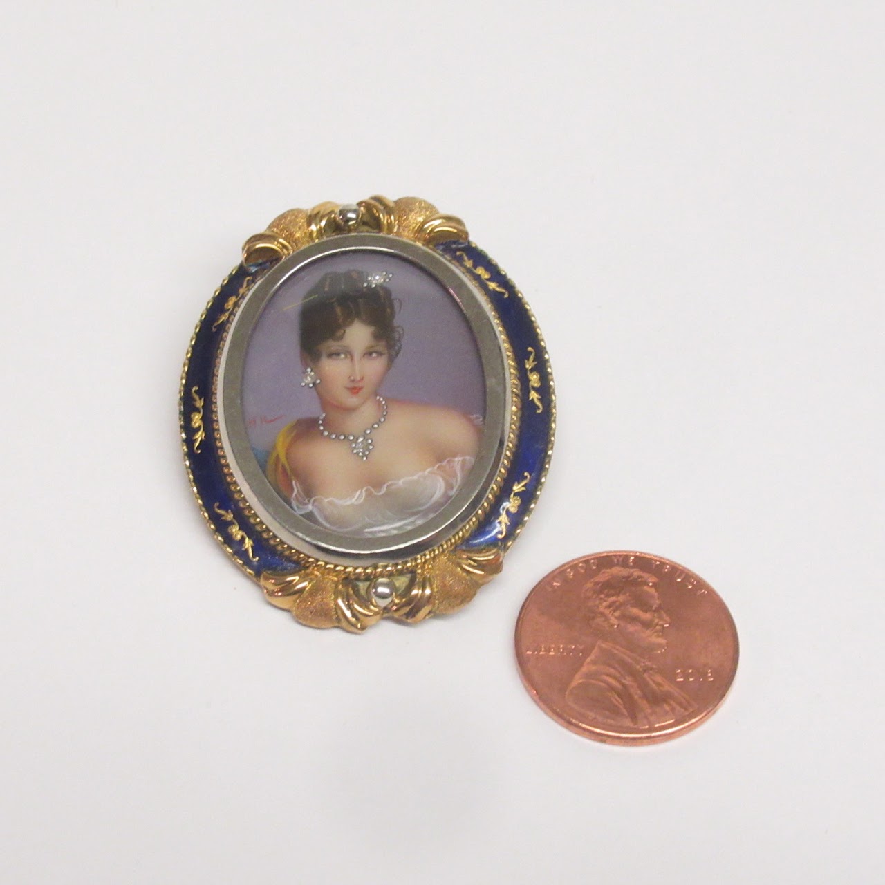 18K Gold Hand-Painted Miniature Portrait Brooch/Pendant