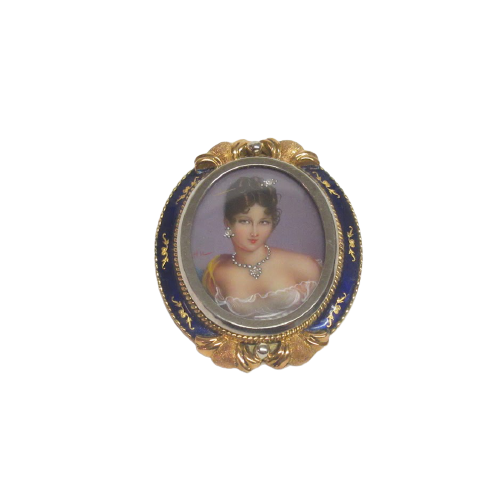 18K Gold Hand-Painted Miniature Portrait Brooch/Pendant