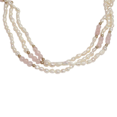 Pearl, 14K Gold, Rose Quartz Multi-Strand Necklace