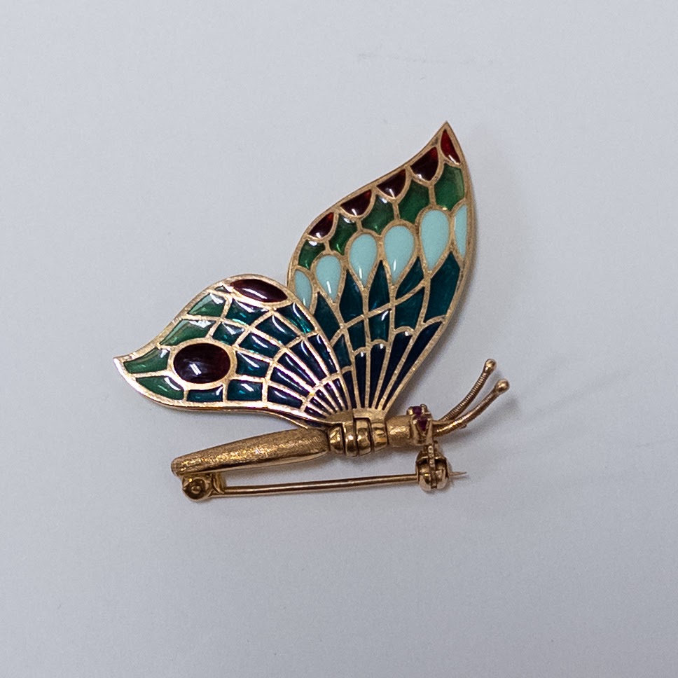 18K Gold and Plique-à-Jour Butterfly Brooch